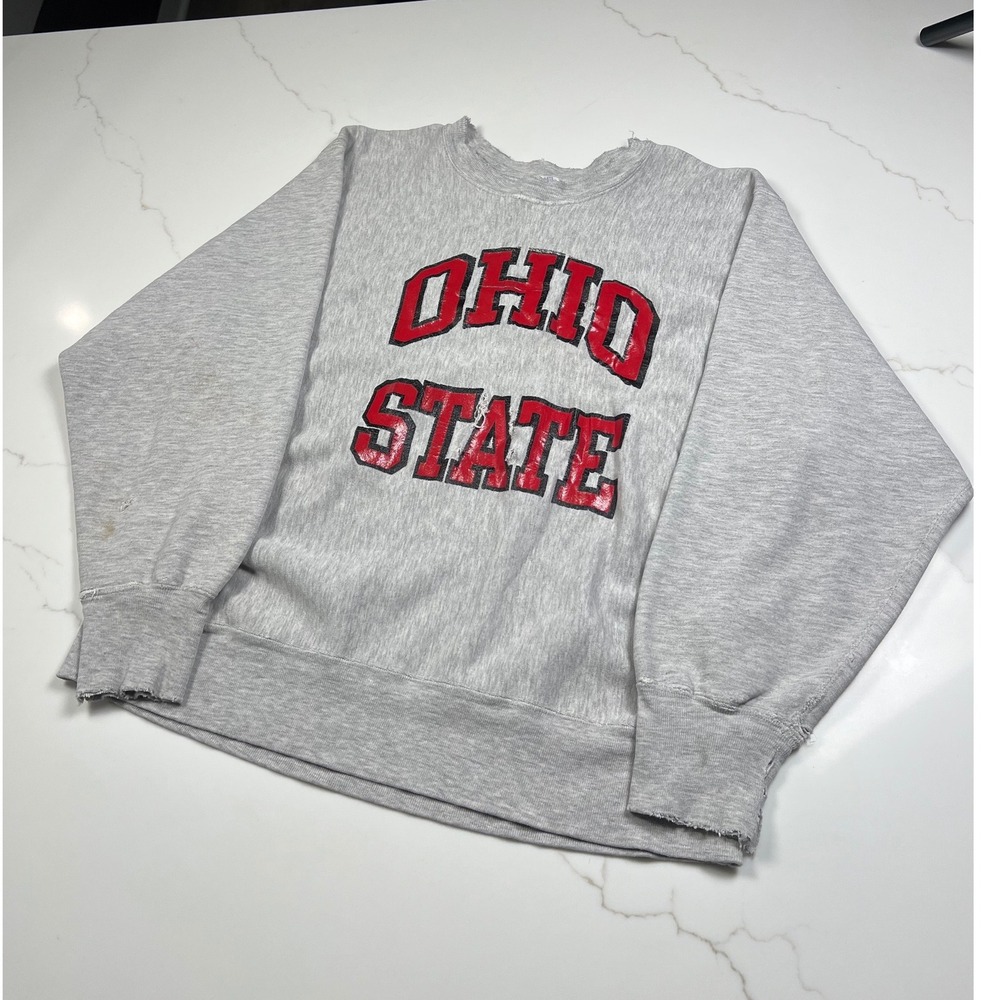 80s Champion Sweatshirt Mens Ohio State Reverse Weave Grey Distressed Large